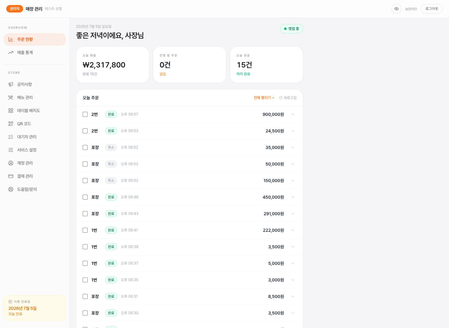 QOrder 주문 현황 대시보드 화면