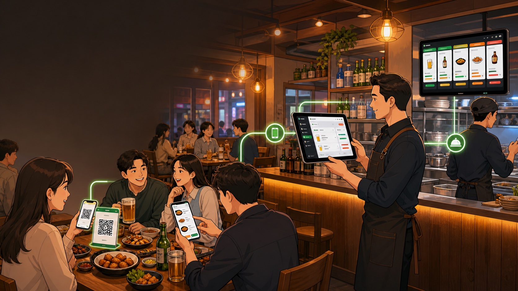 손님, 사장님, 주방이 QOrder로 실시간 연결되는 모습